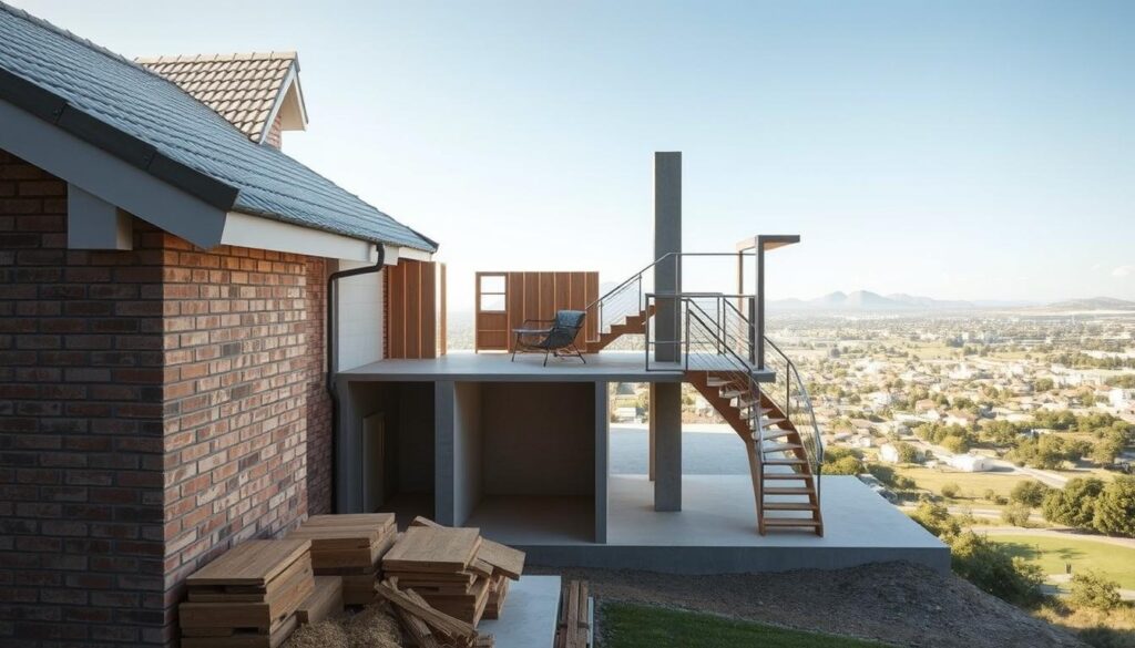 A contemporary, well-lit architectural rendering showcasing the key factors affecting the cost of a second story addition in South Africa. In the foreground, detailed construction materials such as bricks, wood, and roofing tiles are prominently displayed. In the middle ground, a cutaway view reveals the complex structural elements, including reinforced concrete foundations, load-bearing walls, and a grand staircase. The background features a panoramic view of the local Johannesburg landscape, providing context. The overall tone is informative and technical, with a focus on the practical considerations homeowners must weigh when planning a second story addition project. A contemporary, well-lit architectural rendering showcasing the key factors affecting the cost of a second story addition in South Africa. In the foreground, detailed construction materials such as bricks, wood, and roofing tiles are prominently displayed. In the middle ground, a cutaway view reveals the complex structural elements, including reinforced concrete foundations, load-bearing walls, and a grand staircase. The background features a panoramic view of the local Johannesburg landscape, providing context. The overall tone is informative and technical, with a focus on the practical considerations homeowners must weigh when planning a second story addition project.