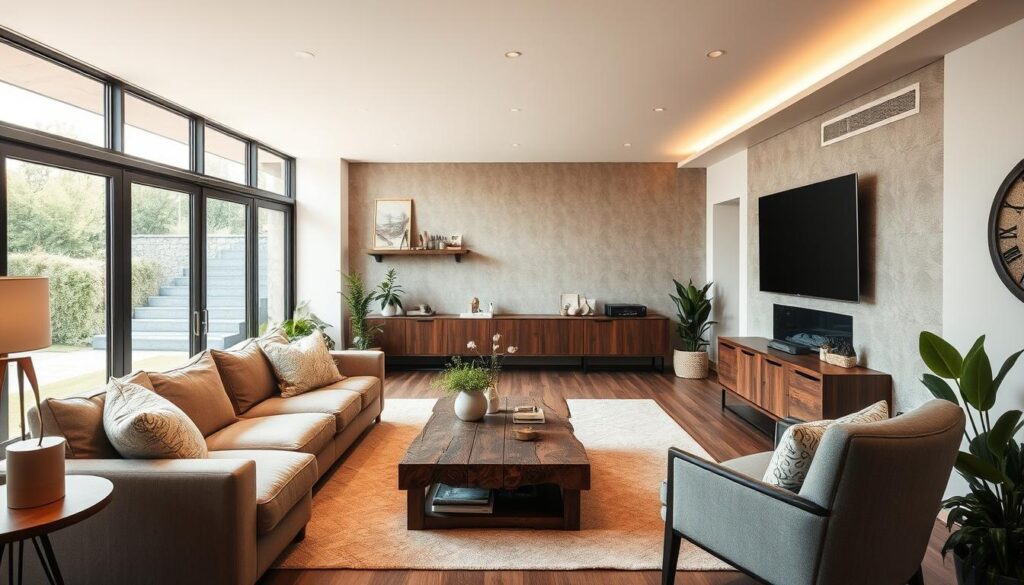 A cozy and inviting living room extension design with an open concept layout, featuring large windows that flood the space with warm natural light. The room showcases a mix of modern and traditional furnishings, including a plush L-shaped sofa, a rustic wooden coffee table, and a stylish armchair. The middle ground displays various design elements such as floating shelves, potted plants, and a sleek television mounted on the wall. In the background, a neutral-toned feature wall with subtle texture adds depth and character to the space. The overall atmosphere conveys a sense of comfort and sophistication, making it an ideal setting for relaxation and entertaining. A cozy and inviting living room extension design with an open concept layout, featuring large windows that flood the space with warm natural light. The room showcases a mix of modern and traditional furnishings, including a plush L-shaped sofa, a rustic wooden coffee table, and a stylish armchair. The middle ground displays various design elements such as floating shelves, potted plants, and a sleek television mounted on the wall. In the background, a neutral-toned feature wall with subtle texture adds depth and character to the space. The overall atmosphere conveys a sense of comfort and sophistication, making it an ideal setting for relaxation and entertaining.
