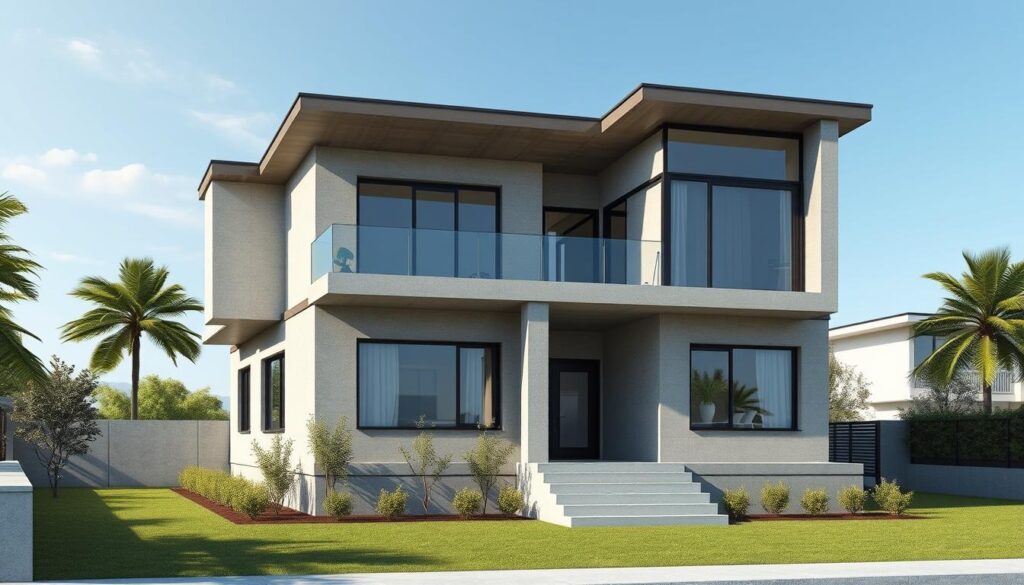 A detailed architectural rendering of a modern two-story residential building, showcasing the key cost factors that influence its construction. The building has a clean, minimalist design with large windows, a flat roof, and a mix of materials such as concrete, steel, and glass. In the foreground, a breakdown of construction costs is displayed, including foundation, framing, plumbing, electrical, and finishing work. The middle ground depicts the building's layout, highlighting the various rooms and their square footage. The background features a cityscape of Johannesburg Sandton, providing context for the building's location and the broader real estate market. The lighting is soft and natural, creating a serene and informative atmosphere.