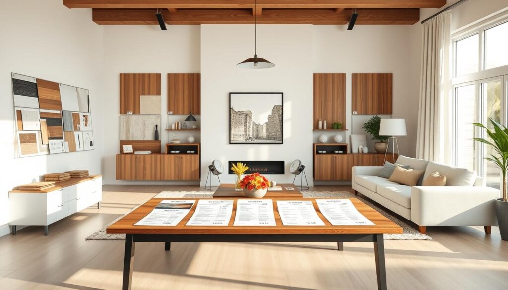 A detailed breakdown of living room renovation costs in a modern, bright interior. A central table displays itemized costs for flooring, furniture, lighting, and other key elements. The walls feature samples of materials and finishes, with price tags clearly visible. Soft, natural lighting illuminates the scene, creating a warm and inviting atmosphere. The overall composition conveys a sense of organization and clarity, providing a comprehensive visual guide for homeowners planning a living room transformation. A detailed breakdown of living room renovation costs in a modern, bright interior. A central table displays itemized costs for flooring, furniture, lighting, and other key elements. The walls feature samples of materials and finishes, with price tags clearly visible. Soft, natural lighting illuminates the scene, creating a warm and inviting atmosphere. The overall composition conveys a sense of organization and clarity, providing a comprehensive visual guide for homeowners planning a living room transformation.