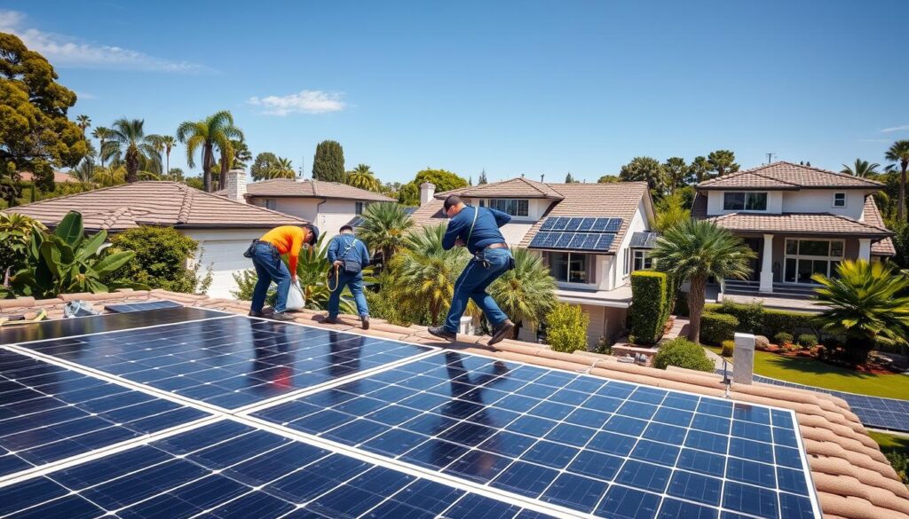 A detailed breakdown of the costs associated with a residential solar panel installation, presented in a clean, infographic-style layout. The foreground features a grid of individual cost categories (equipment, labor, permits, etc.) with numerical values and icons. The middle ground showcases a photorealistic solar panel array on a home's rooftop, bathed in warm, directional lighting. The background depicts a softly blurred urban skyline, conveying a sense of eco-friendly sustainability in an urban setting. The overall composition and color palette communicate a balanced, informative, and visually appealing presentation of the solar panel installation cost breakdown. A detailed breakdown of the costs associated with a residential solar panel installation, presented in a clean, infographic-style layout. The foreground features a grid of individual cost categories (equipment, labor, permits, etc.) with numerical values and icons. The middle ground showcases a photorealistic solar panel array on a home's rooftop, bathed in warm, directional lighting. The background depicts a softly blurred urban skyline, conveying a sense of eco-friendly sustainability in an urban setting. The overall composition and color palette communicate a balanced, informative, and visually appealing presentation of the solar panel installation cost breakdown.