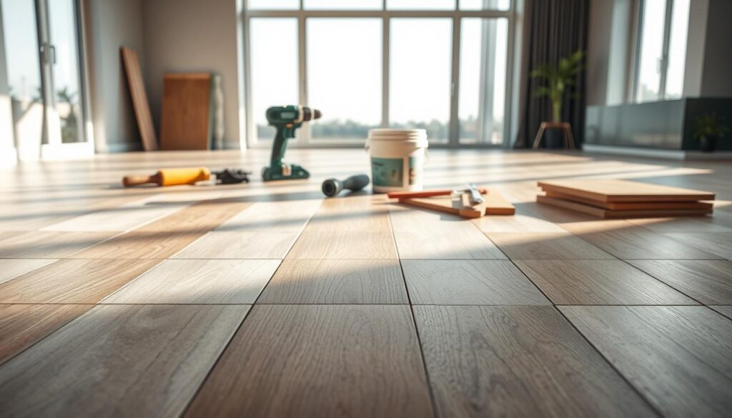 A detailed, photorealistic image depicting the key factors influencing floor renovation cost in South Africa. The foreground shows a tiled floor surface with various materials and finishes, including wood, tile, and laminate. The middle ground features tools and equipment used in the renovation process, such as a tile cutter, a power drill, and a bucket of grout. The background showcases a modern, minimalist interior design with large windows, letting in natural light that casts soft shadows across the scene. The overall mood is one of professionalism and attention to detail, conveying the importance of understanding the cost factors in a successful floor renovation project. A detailed, photorealistic image depicting the key factors influencing floor renovation cost in South Africa. The foreground shows a tiled floor surface with various materials and finishes, including wood, tile, and laminate. The middle ground features tools and equipment used in the renovation process, such as a tile cutter, a power drill, and a bucket of grout. The background showcases a modern, minimalist interior design with large windows, letting in natural light that casts soft shadows across the scene. The overall mood is one of professionalism and attention to detail, conveying the importance of understanding the cost factors in a successful floor renovation project.