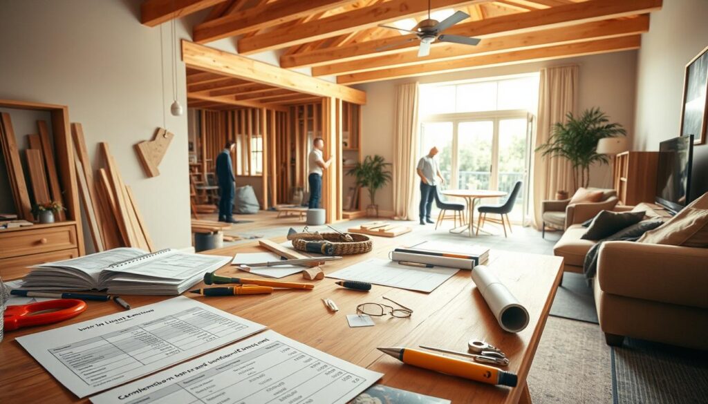 A detailed, well-lit interior scene showcasing a comprehensive cost breakdown for a living room extension project. The foreground features a large, wooden table displaying various construction materials, tools, and annotated cost estimates, conveying a sense of planning and organization. The middle ground depicts a partially constructed living room extension, with exposed beams, wall frames, and workers engaged in the renovation process. The background showcases the existing living room, providing context and scale. Warm, natural lighting floods the scene, creating a welcoming and informative atmosphere. The overall composition emphasizes the meticulous planning and execution required for a successful living room extension, suitable for an informative article on the topic. A detailed, well-lit interior scene showcasing a comprehensive cost breakdown for a living room extension project. The foreground features a large, wooden table displaying various construction materials, tools, and annotated cost estimates, conveying a sense of planning and organization. The middle ground depicts a partially constructed living room extension, with exposed beams, wall frames, and workers engaged in the renovation process. The background showcases the existing living room, providing context and scale. Warm, natural lighting floods the scene, creating a welcoming and informative atmosphere. The overall composition emphasizes the meticulous planning and execution required for a successful living room extension, suitable for an informative article on the topic.