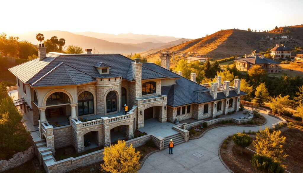 A high-end luxury home under construction, nestled in a lush, manicured landscape. The foreground showcases detailed architectural elements - intricate stonework, expansive windows, and a grand entryway. In the middle ground, specialized construction equipment and skilled workers meticulously bring the vision to life. The background features a panoramic view of the surrounding hillside, bathed in warm, golden afternoon light. The overall atmosphere conveys a sense of refinement, precision, and the seamless integration of luxury, nature, and human craftsmanship. A high-end luxury home under construction, nestled in a lush, manicured landscape. The foreground showcases detailed architectural elements - intricate stonework, expansive windows, and a grand entryway. In the middle ground, specialized construction equipment and skilled workers meticulously bring the vision to life. The background features a panoramic view of the surrounding hillside, bathed in warm, golden afternoon light. The overall atmosphere conveys a sense of refinement, precision, and the seamless integration of luxury, nature, and human craftsmanship.