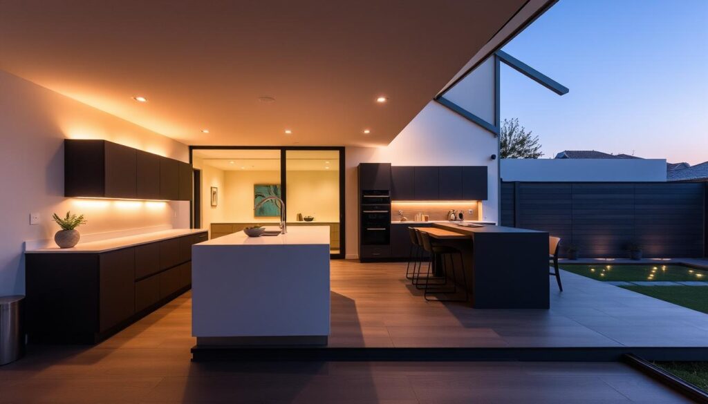 A kitchen extension in a modern Johannesburg home, with warm lighting and clean lines. In the foreground, a detailed breakdown of costs per square meter, reflecting regional variations across Gauteng province. The middle ground showcases a sleek, minimalist kitchen design, highlighting the value-add of the extension. In the background, a cityscape of Sandton skyscrapers provides a metropolitan context. The image conveys a sense of sophistication and the financial considerations involved in a kitchen extension project in this prosperous South African region.