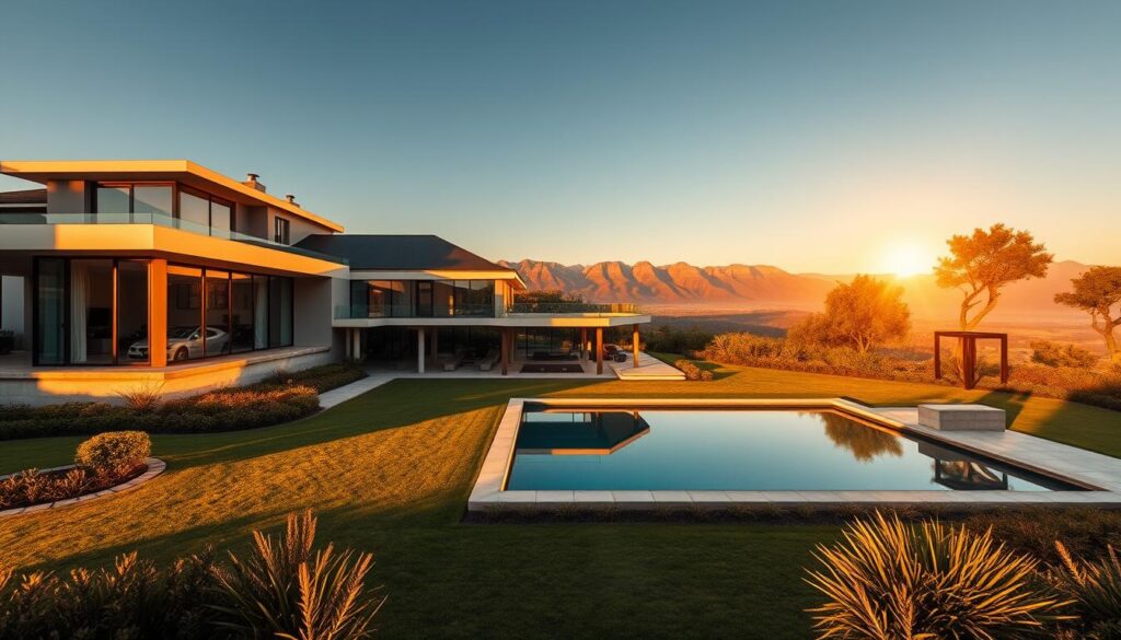 A large, modern luxury villa with a sprawling, meticulously landscaped garden in a prestigious gated community in Sandton, Johannesburg. The villa features a sleek, minimalist exterior with clean lines, expansive glass facades, and a blend of natural materials like stone and wood. The front facade is bathed in warm, golden afternoon light, casting long shadows across the carefully curated garden. In the middle ground, a swimming pool reflects the villa's architectural details. In the background, a vista of the Magaliesberg mountains provides a stunning natural backdrop. The overall scene conveys a sense of opulence, tranquility, and sophisticated living. A large, modern luxury villa with a sprawling, meticulously landscaped garden in a prestigious gated community in Sandton, Johannesburg. The villa features a sleek, minimalist exterior with clean lines, expansive glass facades, and a blend of natural materials like stone and wood. The front facade is bathed in warm, golden afternoon light, casting long shadows across the carefully curated garden. In the middle ground, a swimming pool reflects the villa's architectural details. In the background, a vista of the Magaliesberg mountains provides a stunning natural backdrop. The overall scene conveys a sense of opulence, tranquility, and sophisticated living.