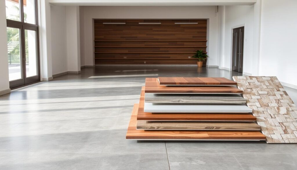 A large, well-lit room with a polished concrete floor. In the foreground, various flooring materials are laid out neatly, including hardwood planks, ceramic tiles, luxury vinyl tiles, and natural stone pavers. Each material is accompanied by a price tag indicating the cost per square meter. In the middle ground, there is a table with a laptop, calculator, and design plans, suggesting a comparison of the renovation options. The background features neutral-toned walls and natural lighting streaming in from large windows, creating a calm and professional atmosphere. A large, well-lit room with a polished concrete floor. In the foreground, various flooring materials are laid out neatly, including hardwood planks, ceramic tiles, luxury vinyl tiles, and natural stone pavers. Each material is accompanied by a price tag indicating the cost per square meter. In the middle ground, there is a table with a laptop, calculator, and design plans, suggesting a comparison of the renovation options. The background features neutral-toned walls and natural lighting streaming in from large windows, creating a calm and professional atmosphere.