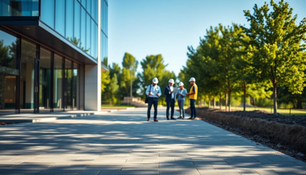 A modern office building with a sleek glass facade stands in the foreground, casting a reflection on the paved driveway. In the middle ground, construction workers in hard hats are examining blueprints and discussing plans for the foundation. The background features lush green trees and a clear blue sky, creating a tranquil, professional atmosphere. The lighting is soft and natural, illuminating the scene with a warm, inviting glow. The camera angle is slightly elevated, offering a comprehensive view of the construction site. The overall impression is one of efficiency, organization, and expertise in foundation construction.