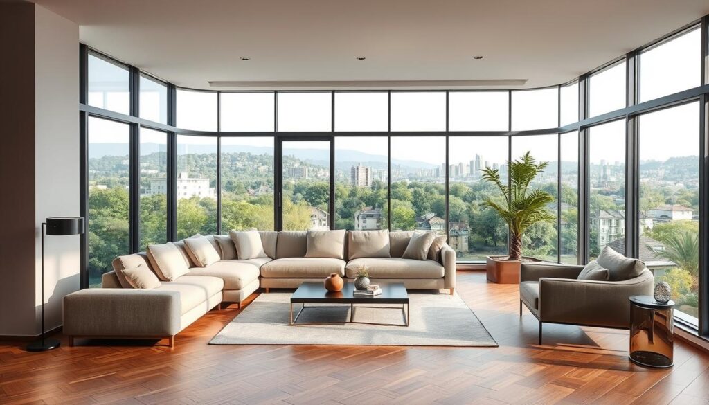 A modern, spacious living room with large windows overlooking a lush urban landscape. The room features a plush, L-shaped sofa in neutral tones, complemented by a sleek, low-profile coffee table and a stylish armchair. The walls are painted in a soothing, light gray hue, and the floor is covered in a warm, hardwood parquet. Indirect lighting fixtures provide a soft, ambient glow, creating a cozy and inviting atmosphere. The overall design is minimalist yet sophisticated, reflecting the regional trends and preferences of Johannesburg, Sandton, Pretoria, and Gauteng. A modern, spacious living room with large windows overlooking a lush urban landscape. The room features a plush, L-shaped sofa in neutral tones, complemented by a sleek, low-profile coffee table and a stylish armchair. The walls are painted in a soothing, light gray hue, and the floor is covered in a warm, hardwood parquet. Indirect lighting fixtures provide a soft, ambient glow, creating a cozy and inviting atmosphere. The overall design is minimalist yet sophisticated, reflecting the regional trends and preferences of Johannesburg, Sandton, Pretoria, and Gauteng.