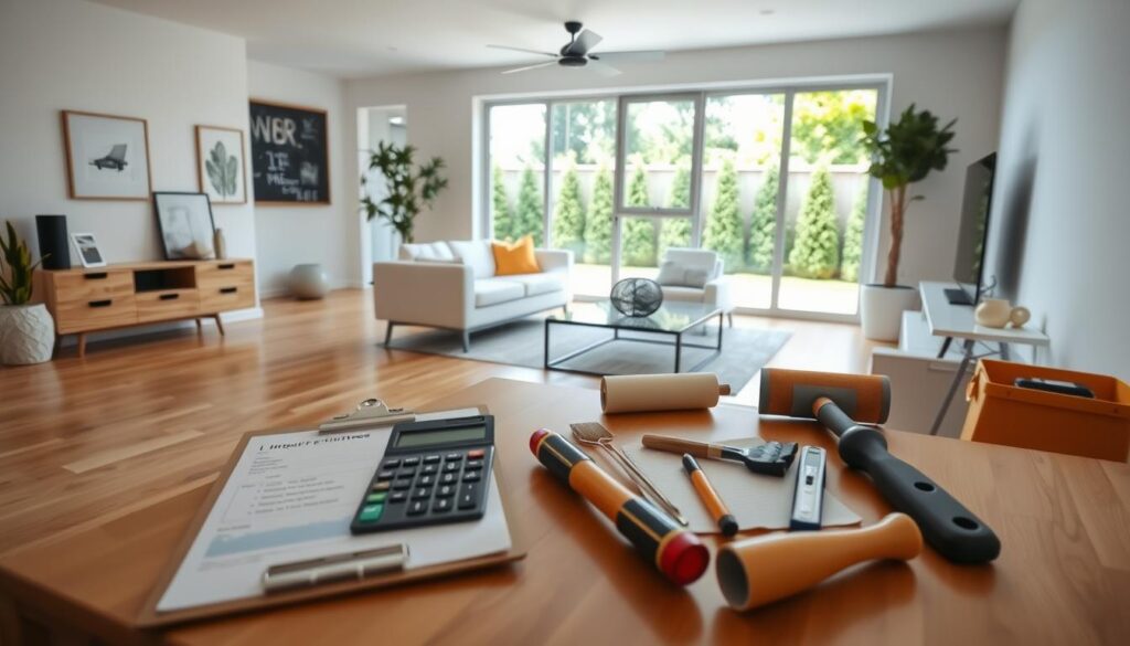 A modern, well-lit living room with new hardwood flooring, freshly painted walls, and a sleek, minimalist furniture arrangement. In the foreground, a calculator, a clipboard with cost estimates, and a real estate agent's notepad, hinting at the financial planning and budgeting involved in a renovation project. The middle ground showcases a variety of home improvement tools, including a hammer, a paint roller, and a toolbox, suggesting the hands-on work required. The background features a large window overlooking a lush, well-manicured outdoor space, creating a sense of openness and potential rental value increase. A modern, well-lit living room with new hardwood flooring, freshly painted walls, and a sleek, minimalist furniture arrangement. In the foreground, a calculator, a clipboard with cost estimates, and a real estate agent's notepad, hinting at the financial planning and budgeting involved in a renovation project. The middle ground showcases a variety of home improvement tools, including a hammer, a paint roller, and a toolbox, suggesting the hands-on work required. The background features a large window overlooking a lush, well-manicured outdoor space, creating a sense of openness and potential rental value increase.
