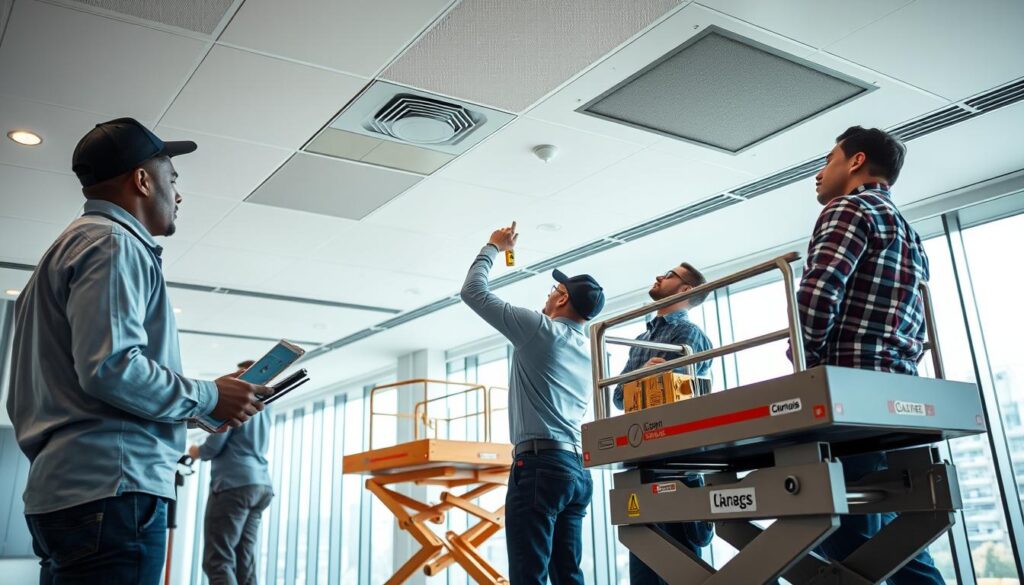A modern, well-lit office interior in Sandton, Gauteng, South Africa. The foreground features a professional team of ceiling installers carefully measuring and inspecting the ceiling space, making detailed calculations. The middle ground showcases the high-quality materials and tools they are using, including a specialized lift platform, laser levels, and precision cutters. The background depicts the elegant, minimalist architectural design of the office, with large windows allowing natural light to flood the space. The overall mood is one of efficiency, attention to detail, and a commitment to delivering a premium ceiling installation service to discerning clients.