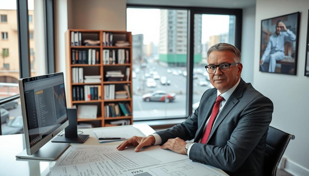 A modern, well-lit office interior with a building cost consultant sitting at a desk, surrounded by blueprints, financial documents, and a computer monitor displaying construction cost data. In the background, a bookshelf filled with industry reference materials and a window overlooking the bustling streets of Johannesburg or Pretoria. The consultant wears a professional suit and appears focused, conveying their expertise in providing essential cost factors and services for residential construction projects in South Africa.