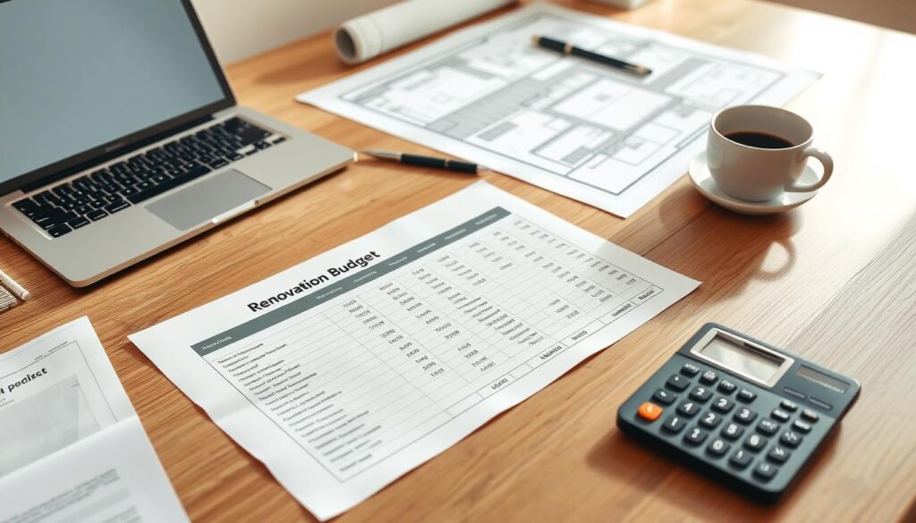 A neatly organized spreadsheet on a wooden desk, displaying detailed line items for a renovation budget, with carefully calculated totals. A laptop and a cup of coffee sit nearby, suggesting an atmosphere of focused financial planning. Soft, natural lighting illuminates the scene, creating a sense of professionalism and diligence. In the background, a blueprint or architectural drawing hints at the upcoming renovation project, while a calculator and a pen stand ready to refine the budget further. The overall mood conveys a methodical, well-researched approach to investment property renovation planning. A neatly organized spreadsheet on a wooden desk, displaying detailed line items for a renovation budget, with carefully calculated totals. A laptop and a cup of coffee sit nearby, suggesting an atmosphere of focused financial planning. Soft, natural lighting illuminates the scene, creating a sense of professionalism and diligence. In the background, a blueprint or architectural drawing hints at the upcoming renovation project, while a calculator and a pen stand ready to refine the budget further. The overall mood conveys a methodical, well-researched approach to investment property renovation planning.