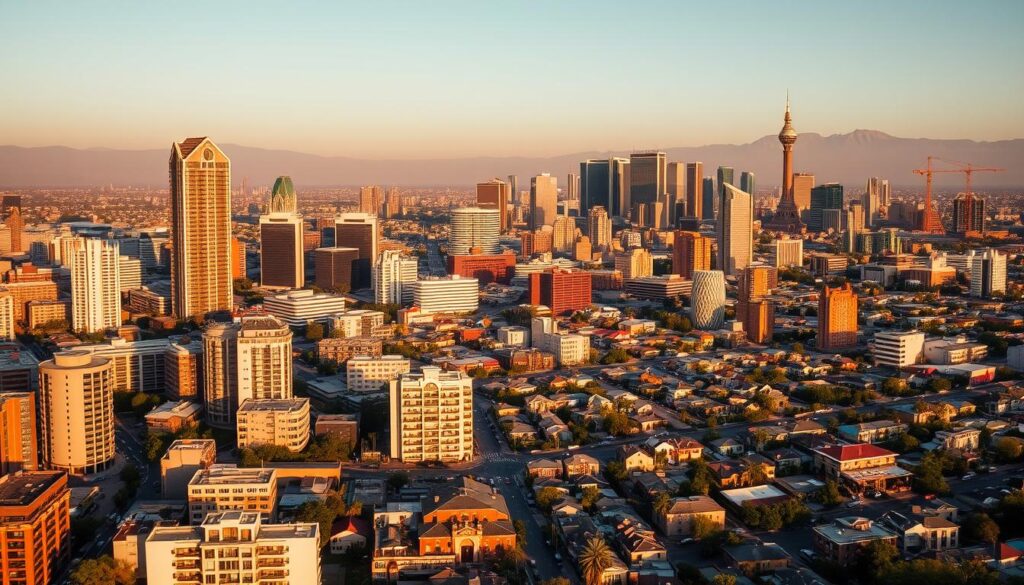 A panoramic cityscape showcasing the urban centers of Johannesburg, Sandton, and Pretoria in the Gauteng province of South Africa. The scene is bathed in warm, golden hues, evoking a sense of prosperity and economic vibrancy. Towering skyscrapers, modern commercial complexes, and bustling streets create a dynamic visual narrative. In the foreground, various residential property types are depicted, ranging from luxury high-rises to well-appointed suburban homes, illustrating the diverse housing options available across the region. The middle ground features transportation hubs, shopping districts, and other key landmarks, while the background is framed by the distinct silhouettes of Johannesburg's and Pretoria's iconic skylines. The overall composition conveys the regional differences in residential building prices and the unique character of each city within the Gauteng province.