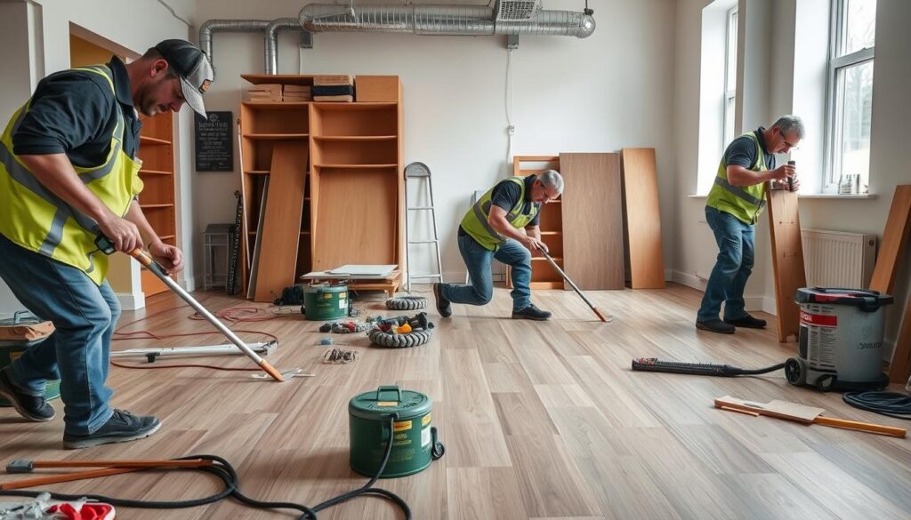 A photorealistic image of a floor renovation cost comparison in an urban setting. The foreground shows a digital tablet displaying side-by-side estimates for different flooring materials and installation costs, with clear pricing breakdowns. The middle ground depicts a partially renovated room with exposed subfloor, workers, and various flooring samples. The background showcases a modern high-rise building exterior with a cityscape of Johannesburg Sandton Pretoria in Gauteng, South Africa. The lighting is natural daylight, captured with a wide-angle lens to provide context. The overall atmosphere conveys a sense of informed decision-making and strategic budgeting for a successful floor renovation project. A photorealistic image of a floor renovation cost comparison in an urban setting. The foreground shows a digital tablet displaying side-by-side estimates for different flooring materials and installation costs, with clear pricing breakdowns. The middle ground depicts a partially renovated room with exposed subfloor, workers, and various flooring samples. The background showcases a modern high-rise building exterior with a cityscape of Johannesburg Sandton Pretoria in Gauteng, South Africa. The lighting is natural daylight, captured with a wide-angle lens to provide context. The overall atmosphere conveys a sense of informed decision-making and strategic budgeting for a successful floor renovation project.