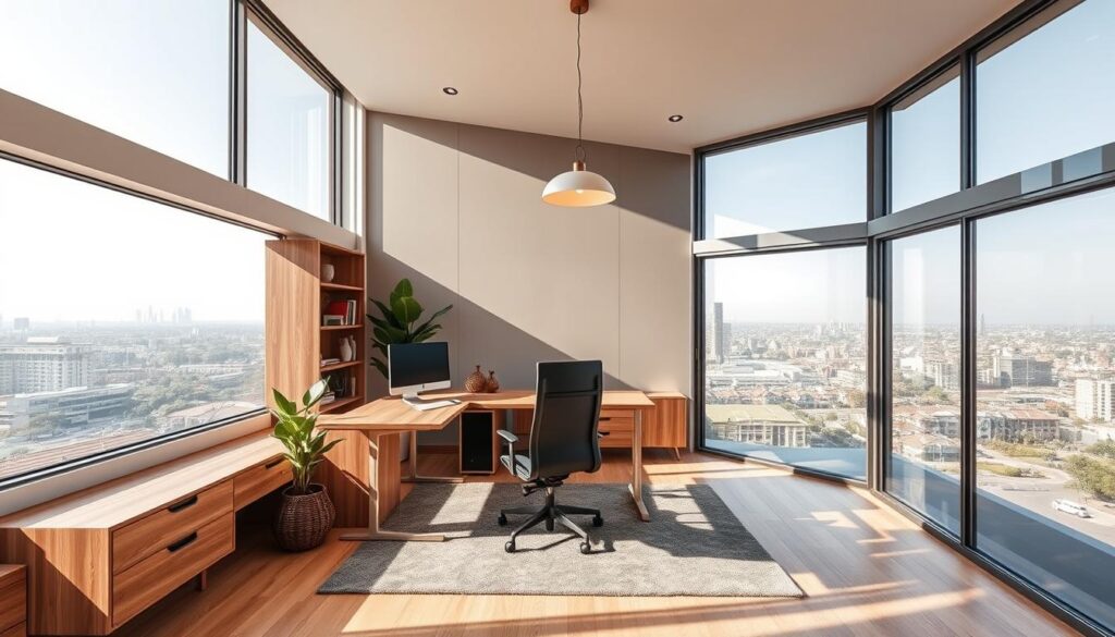 A sleek, modern home office addition in Gauteng, featuring floor-to-ceiling windows that flood the space with natural light. A minimalist L-shaped desk with a powerful desktop computer and a comfortable ergonomic chair take center stage, surrounded by built-in shelving and cabinetry for ample storage. The room is bathed in a warm, inviting color palette, with natural wood accents and a plush area rug. A large potted plant adds a touch of greenery, while a chic pendant light casts a soft glow over the workspace. Through the expansive windows, a glimpse of the bustling Johannesburg skyline can be seen in the distance, creating a harmonious blend of professional and residential elements.