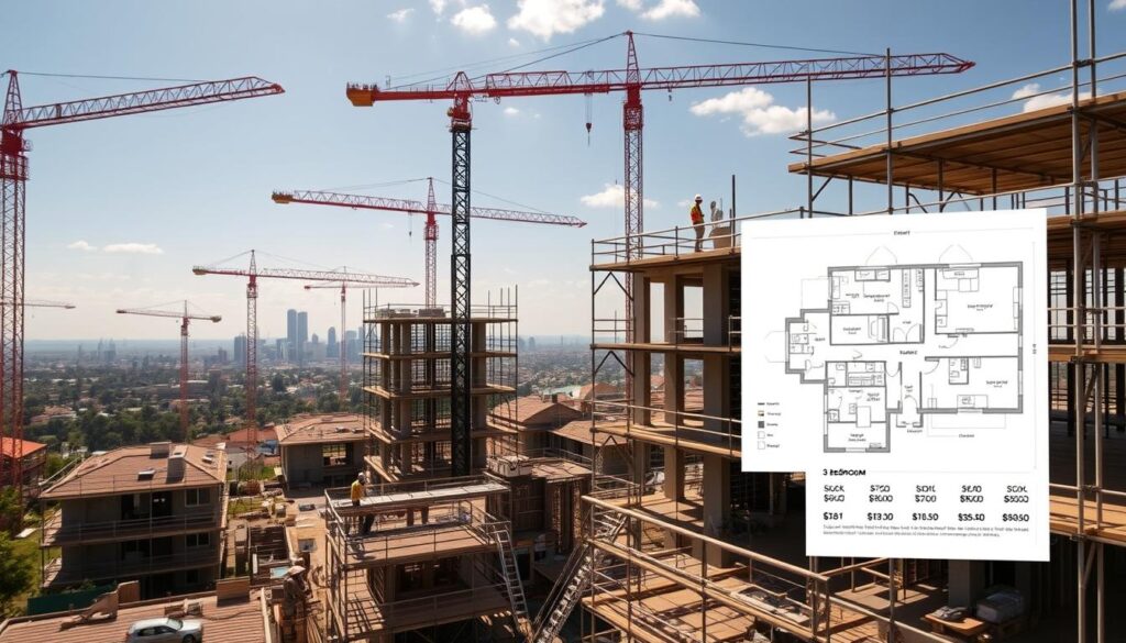 A sprawling construction site, bustling with activity, showcases the dynamic 3-bedroom house building market in South Africa. Cranes soar overhead, hoisting materials onto scaffolding-clad structures. Skilled workers in hard hats and high-visibility vests toil away, assembling the framework of future homes. In the foreground, a detailed floor plan and cost breakdown highlight the intricate process of 3-bedroom house construction, while in the background, a panoramic view of the Johannesburg skyline provides context. The lighting is natural, with soft shadows and highlights that accentuate the textures of the building materials. The overall scene conveys a sense of progress, innovation, and the ever-evolving costs associated with the thriving 3-bedroom house construction industry in the region. A sprawling construction site, bustling with activity, showcases the dynamic 3-bedroom house building market in South Africa. Cranes soar overhead, hoisting materials onto scaffolding-clad structures. Skilled workers in hard hats and high-visibility vests toil away, assembling the framework of future homes. In the foreground, a detailed floor plan and cost breakdown highlight the intricate process of 3-bedroom house construction, while in the background, a panoramic view of the Johannesburg skyline provides context. The lighting is natural, with soft shadows and highlights that accentuate the textures of the building materials. The overall scene conveys a sense of progress, innovation, and the ever-evolving costs associated with the thriving 3-bedroom house construction industry in the region.