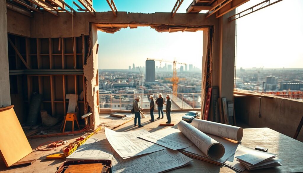 A sprawling construction site with a partially dismantled wall, exposing the intricate framework and infrastructure behind it. Warm, natural lighting filters through the opening, casting dynamic shadows across the scene. Architectural plans, blueprints, and cost estimation documents are scattered on a workbench in the foreground, providing context for the wall removal process. The middle ground features a team of construction workers carefully assessing the structural integrity and measuring the scope of the project. In the background, a cityscape of Johannesburg skyline can be seen, suggesting the urban setting of the renovation. The overall atmosphere conveys a sense of organized chaos, technical precision, and the careful consideration of cost factors associated with this structural change. A sprawling construction site with a partially dismantled wall, exposing the intricate framework and infrastructure behind it. Warm, natural lighting filters through the opening, casting dynamic shadows across the scene. Architectural plans, blueprints, and cost estimation documents are scattered on a workbench in the foreground, providing context for the wall removal process. The middle ground features a team of construction workers carefully assessing the structural integrity and measuring the scope of the project. In the background, a cityscape of Johannesburg skyline can be seen, suggesting the urban setting of the renovation. The overall atmosphere conveys a sense of organized chaos, technical precision, and the careful consideration of cost factors associated with this structural change.
