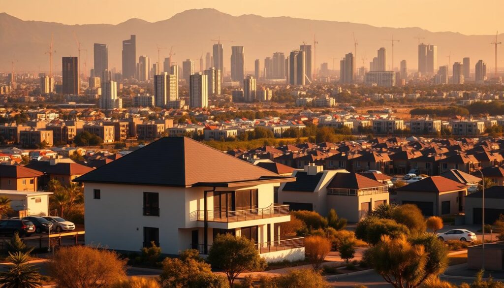 A sprawling urban skyline, with modern high-rise buildings and cranes dotting the horizon. In the foreground, a contemporary single-family home, its sleek design showcasing the latest architectural trends. The mid-ground features a mix of newly constructed townhouses and apartment complexes, reflecting the growing demand for affordable housing. Warm, golden sunlight bathes the scene, casting long shadows and highlighting the crisp, clean lines of the structures. The overall atmosphere conveys a sense of progress and economic vitality, capturing the dynamic 2025 housing market in South Africa's Gauteng province.