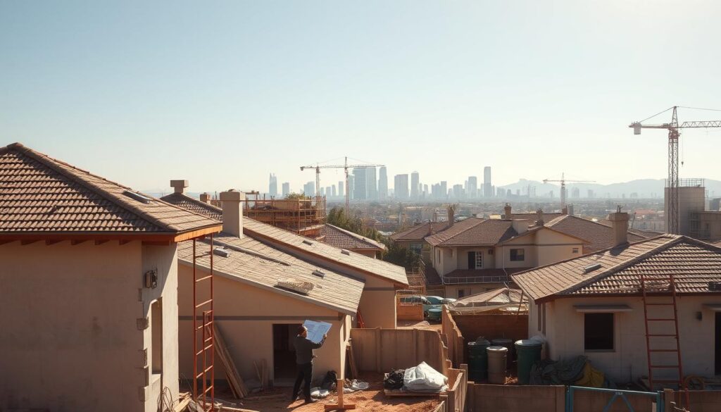 A sun-drenched construction site in Johannesburg, with partially renovated houses in the foreground. In the middle ground, a builder examines blueprints, while in the background, a crane towers over the city skyline. The scene conveys a sense of progress and investment, with details like scaffolding, building materials, and construction equipment highlighting the ongoing renovations. The lighting is warm and natural, creating a mood of optimism and possibility for the regional real estate market. A sun-drenched construction site in Johannesburg, with partially renovated houses in the foreground. In the middle ground, a builder examines blueprints, while in the background, a crane towers over the city skyline. The scene conveys a sense of progress and investment, with details like scaffolding, building materials, and construction equipment highlighting the ongoing renovations. The lighting is warm and natural, creating a mood of optimism and possibility for the regional real estate market.