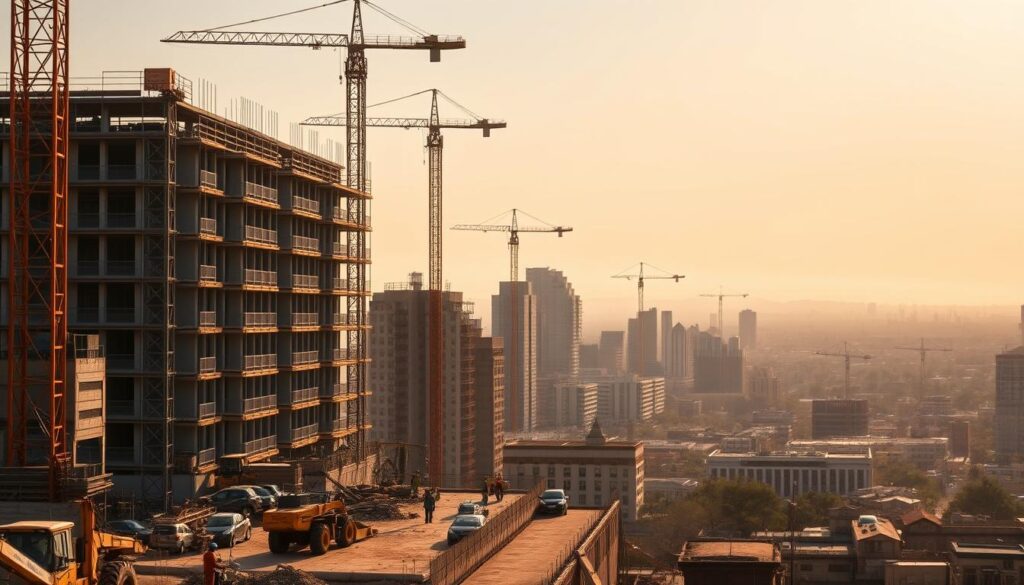 A vibrant cityscape showcasing the dynamic construction landscape of South Africa, with towering cranes and scaffolding silhouetted against a warm, golden-hued sky. In the foreground, heavy machinery and workers toil on the foundations of a large commercial building, surrounded by piles of materials and equipment. The middle ground features a mix of modern high-rises and more traditional structures, reflecting the diverse architectural styles of the region. In the background, a hazy skyline of Johannesburg or Pretoria skyline stretches out, adding a sense of scale and context to the scene. The lighting is natural and directional, casting long shadows and highlighting the textures of the materials used in the construction process. The overall mood is one of progress, growth, and the bustling energy of a thriving commercial hub. A vibrant cityscape showcasing the dynamic construction landscape of South Africa, with towering cranes and scaffolding silhouetted against a warm, golden-hued sky. In the foreground, heavy machinery and workers toil on the foundations of a large commercial building, surrounded by piles of materials and equipment. The middle ground features a mix of modern high-rises and more traditional structures, reflecting the diverse architectural styles of the region. In the background, a hazy skyline of Johannesburg or Pretoria skyline stretches out, adding a sense of scale and context to the scene. The lighting is natural and directional, casting long shadows and highlighting the textures of the materials used in the construction process. The overall mood is one of progress, growth, and the bustling energy of a thriving commercial hub.
