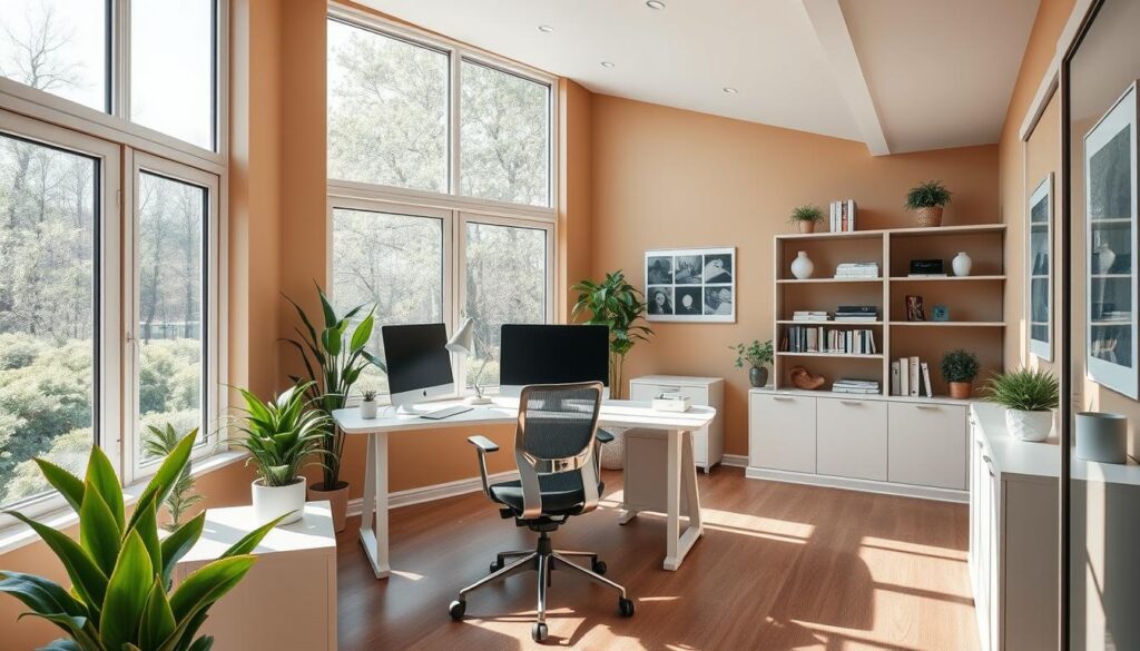 A well-designed and functional home office with ample desk space, ergonomic furniture, and abundant natural light streaming through large windows. The scene features a sleek, modern desk with a computer setup, a comfortable office chair, and decorative plants adding a touch of greenery. The room's walls are painted in a warm, neutral tone, complemented by shelves displaying books and personal items. Indirect lighting fixtures create a cozy, productive atmosphere. The overall layout and design elements convey a sense of professionalism and efficiency, showcasing the key considerations for a high-quality home office construction project.