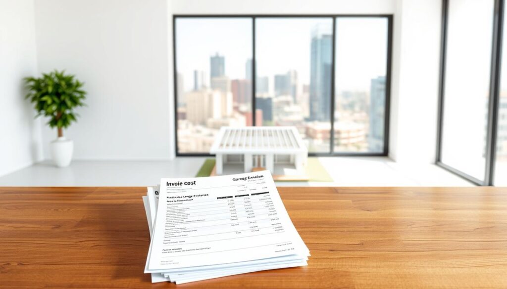 A well-lit, detailed breakdown of garage extension costs in South Africa, displayed on a wood-paneled desk against a clean, white background. In the foreground, a stack of neatly organized invoices and receipts, highlighting line items such as labor, materials, permits, and additional fees. In the middle ground, a 3D model of a generic garage extension design, allowing viewers to visualize the project. The background features a minimalist, modern office setting, with a large window offering a view of a vibrant Johannesburg skyline, conveying a sense of professionalism and urban sophistication. A well-lit, detailed breakdown of garage extension costs in South Africa, displayed on a wood-paneled desk against a clean, white background. In the foreground, a stack of neatly organized invoices and receipts, highlighting line items such as labor, materials, permits, and additional fees. In the middle ground, a 3D model of a generic garage extension design, allowing viewers to visualize the project. The background features a minimalist, modern office setting, with a large window offering a view of a vibrant Johannesburg skyline, conveying a sense of professionalism and urban sophistication.