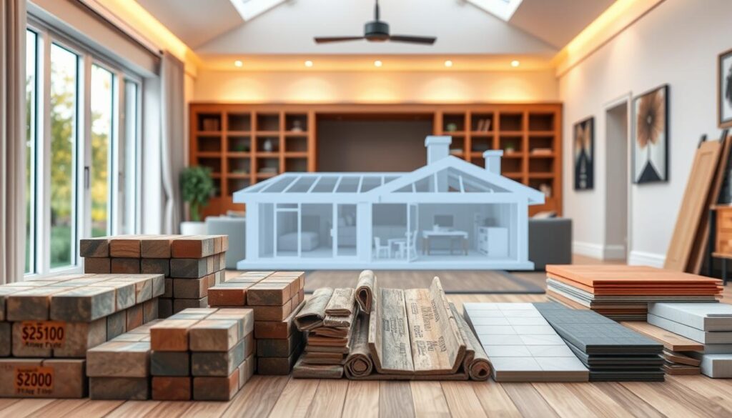 A well-lit, modern living room with an extension, showcasing a detailed cost breakdown of the materials used. The foreground displays various construction materials such as bricks, wood, insulation, and tiles, neatly arranged to highlight their individual costs. The middle ground features a 3D model of the extended living room, with a clear focus on the architectural elements and dimensions. The background depicts a warm, natural setting with soft lighting, enhancing the overall visual appeal and capturing the essence of a cozy, inviting living space. The image should convey a sense of professionalism, attention to detail, and a comprehensive understanding of the costs involved in a living room extension project. A well-lit, modern living room with an extension, showcasing a detailed cost breakdown of the materials used. The foreground displays various construction materials such as bricks, wood, insulation, and tiles, neatly arranged to highlight their individual costs. The middle ground features a 3D model of the extended living room, with a clear focus on the architectural elements and dimensions. The background depicts a warm, natural setting with soft lighting, enhancing the overall visual appeal and capturing the essence of a cozy, inviting living space. The image should convey a sense of professionalism, attention to detail, and a comprehensive understanding of the costs involved in a living room extension project.