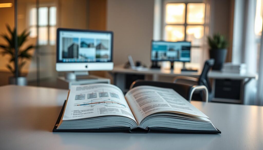 An architectural fees structure guide, presented on a sleek, modern desk. The foreground features a stately hardcover book, its pages open to reveal detailed charts and diagrams outlining the various fee structures for architectural services in South Africa. The middle ground showcases a crisp, minimalist desk setup, with a computer display showcasing additional information. The background is a softly blurred, modern office environment, with floor-to-ceiling windows letting in warm, natural light. The overall mood is one of professionalism, organization, and clear presentation of the important information.