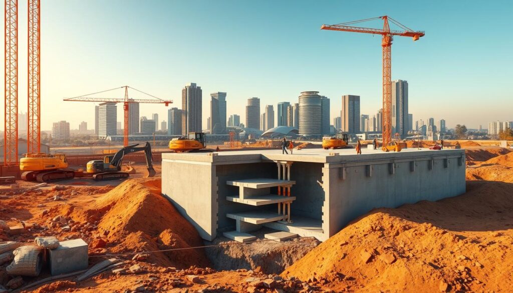 An architectural rendering of a construction site in Johannesburg, South Africa, showcasing the factors that influence foundation construction costs. The foreground depicts the excavation process, with heavy machinery and workers preparing the site. The middle ground features a detailed cross-section of a reinforced concrete foundation, highlighting the various components and materials used. In the background, a cityscape of modern skyscrapers and infrastructure provides context. The scene is illuminated by warm, natural lighting, conveying a sense of professionalism and expertise in the field of foundation engineering. The overall composition emphasizes the technical and financial considerations involved in building sturdy foundations in the region.