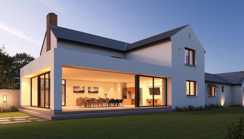 An architectural rendering of a modern home extension in Gauteng, South Africa, in the year 2025. A sleek, glass-walled addition seamlessly blends with the existing structure, bathed in warm, natural lighting. The foreground showcases precise measurements and cost estimates per square metre, presented in a clean, minimalist infographic. The middle ground depicts the harmonious integration of the new extension, while the background features the lush, verdant landscape characteristic of the Gauteng region. The overall composition conveys a sense of contemporary design, practicality, and attention to detail, reflecting the subject of building extension prices in the area.