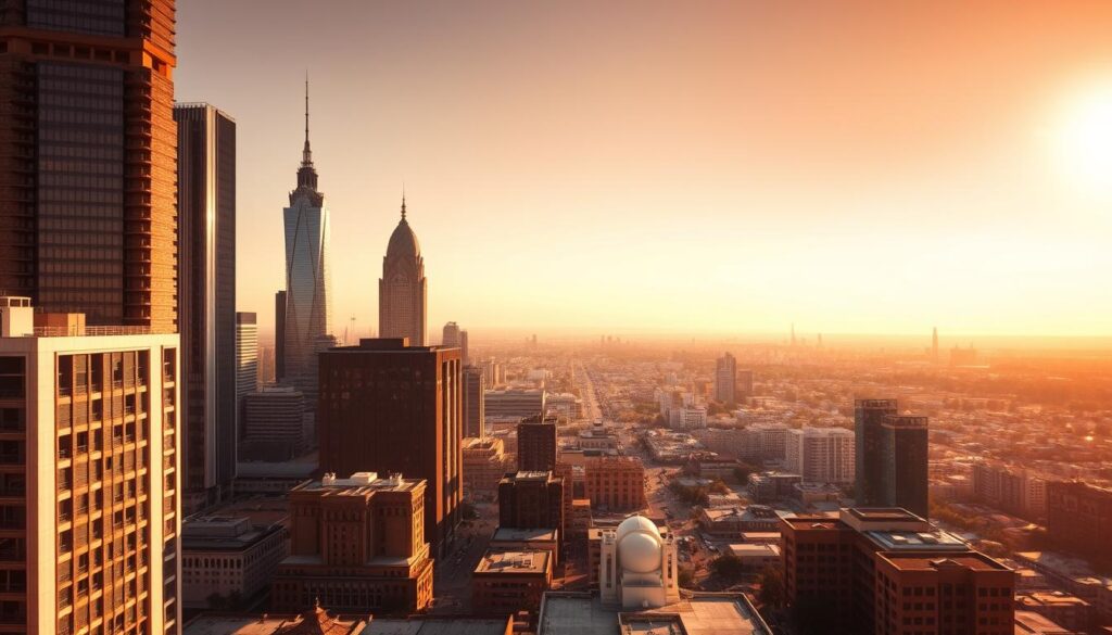 Expansive architectural structures stretch across a panoramic cityscape, showcasing the diverse regional variations in building extension prices per square meter. Towering skyscrapers in the Sandton financial district juxtapose with the stately, historical buildings of central Johannesburg, while the sprawling, modern developments of Pretoria's suburbs dot the horizon. Warm, golden sunlight filters through the scene, casting dramatic shadows and highlighting the intricate details of the structures. The image conveys a sense of economic dynamism and the ever-evolving nature of the Gauteng region's built environment, reflecting the nuanced pricing factors explored in the accompanying article.