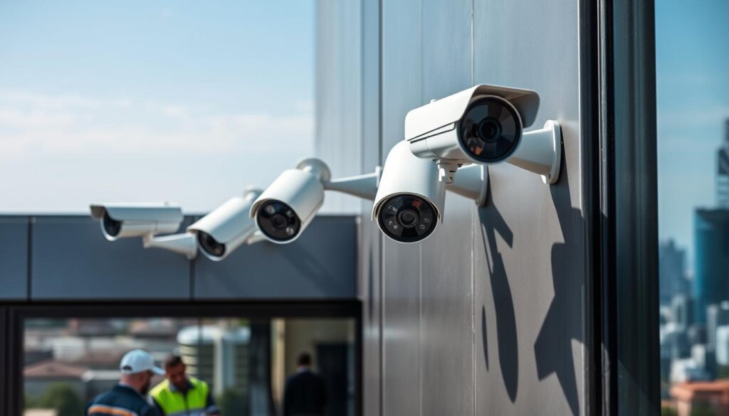 4 CCTV cameras mounted on a modern, sleek grey facade with a professional installation team in the foreground. The cameras are positioned at strategic angles, capturing a wide coverage area. The lighting is crisp and even, highlighting the high-quality components. In the background, the Gauteng skyline is visible, conveying the urban setting. The overall scene exudes a sense of security, reliability, and attention to detail expected from a professional CCTV installation service. 4 CCTV cameras mounted on a modern, sleek grey facade with a professional installation team in the foreground. The cameras are positioned at strategic angles, capturing a wide coverage area. The lighting is crisp and even, highlighting the high-quality components. In the background, the Gauteng skyline is visible, conveying the urban setting. The overall scene exudes a sense of security, reliability, and attention to detail expected from a professional CCTV installation service.