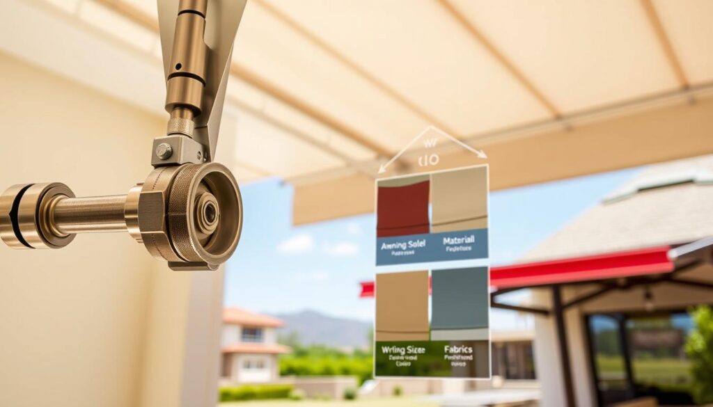 A bright, modern interior setting showcasing the key factors influencing awning installation costs in Gauteng. In the foreground, a detailed close-up view of an expertly crafted awning mechanism, highlighting its intricate components and high-quality construction. The middle ground features a side-by-side comparison of different awning materials, fabrics, and color options, presented in a clear, informative manner. The background depicts a picturesque outdoor scene, with a residential property or commercial building providing context for the awning installation. The lighting is soft and natural, creating a welcoming atmosphere. The overall composition emphasizes the importance of considering factors such as size, customization, and installation complexity when budgeting for an awning project in the Gauteng region.