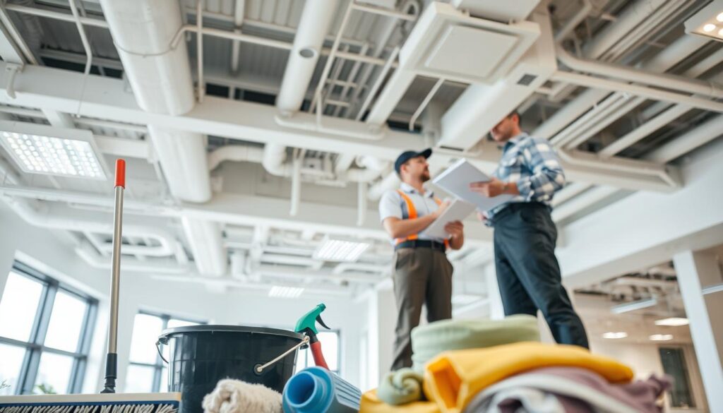 A bright, well-lit commercial interior space with a high ceiling. In the foreground, various cleaning supplies and equipment are neatly arranged, including a bucket, mop, squeegee, and microfiber cloths. In the middle ground, a worker in a uniform is examining the ceiling, taking measurements and making notes on a clipboard. The background features architectural details like exposed beams, ventilation ducts, and recessed lighting, suggesting a modern office or commercial setting. The overall mood is one of professionalism and attention to detail, conveying the importance of thorough ceiling cleaning for maintaining a clean, safe, and visually appealing workspace.