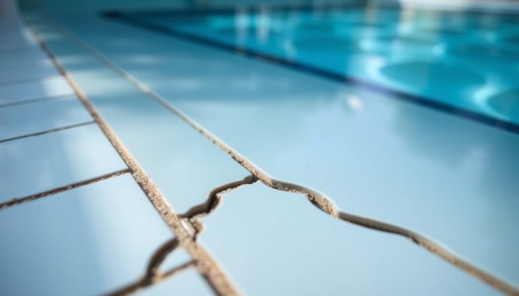 A close-up view of a swimming pool with a prominent crack in the tiled surface, illuminated by soft, natural lighting. The crack is the primary focus, displaying its depth, texture, and surrounding damage. The image provides a detailed visual reference for the pricing and repair options outlined in the "Detailed Pool Repair Prices for Common Services" section of the article. The scene is captured from a low angle, emphasizing the scale and prominence of the crack, with the pool's edge and surrounding area visible in the background to provide context. The overall mood is one of clarity and detail, allowing the reader to understand the scope and complexity of the repair work needed. A close-up view of a swimming pool with a prominent crack in the tiled surface, illuminated by soft, natural lighting. The crack is the primary focus, displaying its depth, texture, and surrounding damage. The image provides a detailed visual reference for the pricing and repair options outlined in the "Detailed Pool Repair Prices for Common Services" section of the article. The scene is captured from a low angle, emphasizing the scale and prominence of the crack, with the pool's edge and surrounding area visible in the background to provide context. The overall mood is one of clarity and detail, allowing the reader to understand the scope and complexity of the repair work needed.