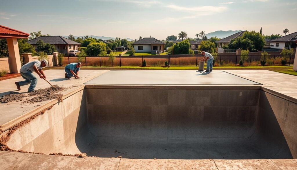 A concrete swimming pool set against a backdrop of a Gauteng suburban landscape, showcasing the various stages of pool repair and restoration. In the foreground, workers are chipping away at the deteriorating concrete, exposing the underlying structure. In the middle ground, a team is applying a fresh layer of cement, smoothing the surface and preparing it for finishing touches. In the background, lush greenery and modern houses reflect the upscale nature of the Gauteng region. The scene is illuminated by warm, natural lighting, casting shadows that accentuate the textures and details of the ongoing repair work. The overall atmosphere conveys a sense of professionalism and attention to detail, highlighting the comprehensive concrete pool repair services available in the area. A concrete swimming pool set against a backdrop of a Gauteng suburban landscape, showcasing the various stages of pool repair and restoration. In the foreground, workers are chipping away at the deteriorating concrete, exposing the underlying structure. In the middle ground, a team is applying a fresh layer of cement, smoothing the surface and preparing it for finishing touches. In the background, lush greenery and modern houses reflect the upscale nature of the Gauteng region. The scene is illuminated by warm, natural lighting, casting shadows that accentuate the textures and details of the ongoing repair work. The overall atmosphere conveys a sense of professionalism and attention to detail, highlighting the comprehensive concrete pool repair services available in the area.