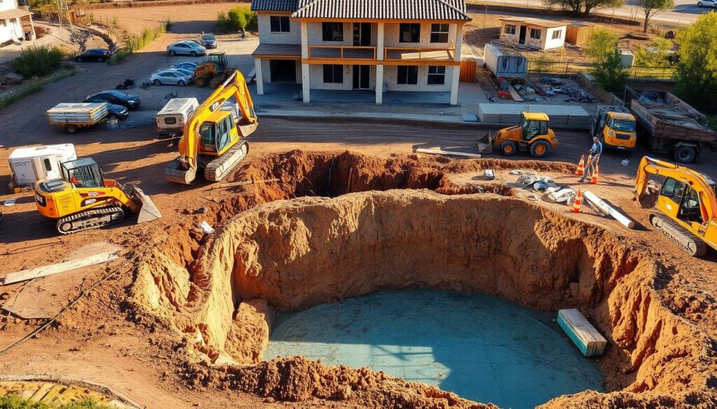 A construction site overlooking the excavation for an in-ground swimming pool. In the foreground, a team of workers using heavy machinery like backhoes and excavators to dig out the pool area, exposing the underlying soil and rock. In the middle ground, piles of dirt and debris surround the excavation site, with construction materials and equipment neatly organized nearby. The background features a partially constructed home, with a clear view of the site preparation process. The scene is illuminated by warm, natural sunlight, casting long shadows and highlighting the texture of the earth. The overall mood is one of active, well-organized construction, conveying the essential cost factors involved in pool installation.