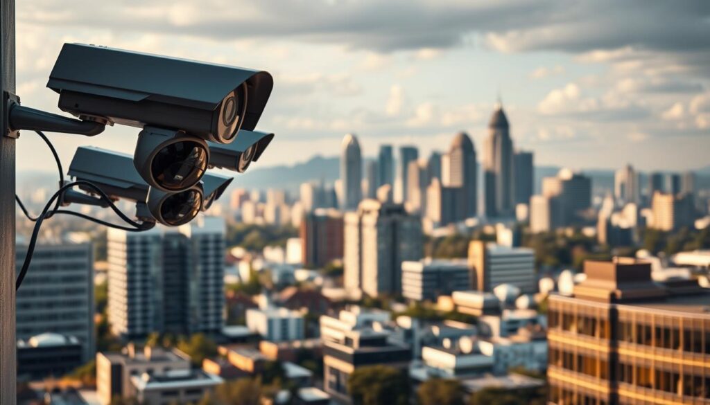 A contemporary city skyline featuring the skylines of Johannesburg and Pretoria, with a focus on the central business districts. In the foreground, a detailed view of a commercial building's exterior, showcasing a comprehensive CCTV camera installation. The camera angles and placement are carefully considered, illustrating an optimal security setup. The lighting is a mix of natural daylight and subtle artificial illumination, creating depth and highlighting the technical aspects of the CCTV system. The overall atmosphere conveys a sense of urban sophistication, efficiency, and security consciousness, reflecting the regional pricing and service areas within the Gauteng province of South Africa. A contemporary city skyline featuring the skylines of Johannesburg and Pretoria, with a focus on the central business districts. In the foreground, a detailed view of a commercial building's exterior, showcasing a comprehensive CCTV camera installation. The camera angles and placement are carefully considered, illustrating an optimal security setup. The lighting is a mix of natural daylight and subtle artificial illumination, creating depth and highlighting the technical aspects of the CCTV system. The overall atmosphere conveys a sense of urban sophistication, efficiency, and security consciousness, reflecting the regional pricing and service areas within the Gauteng province of South Africa.