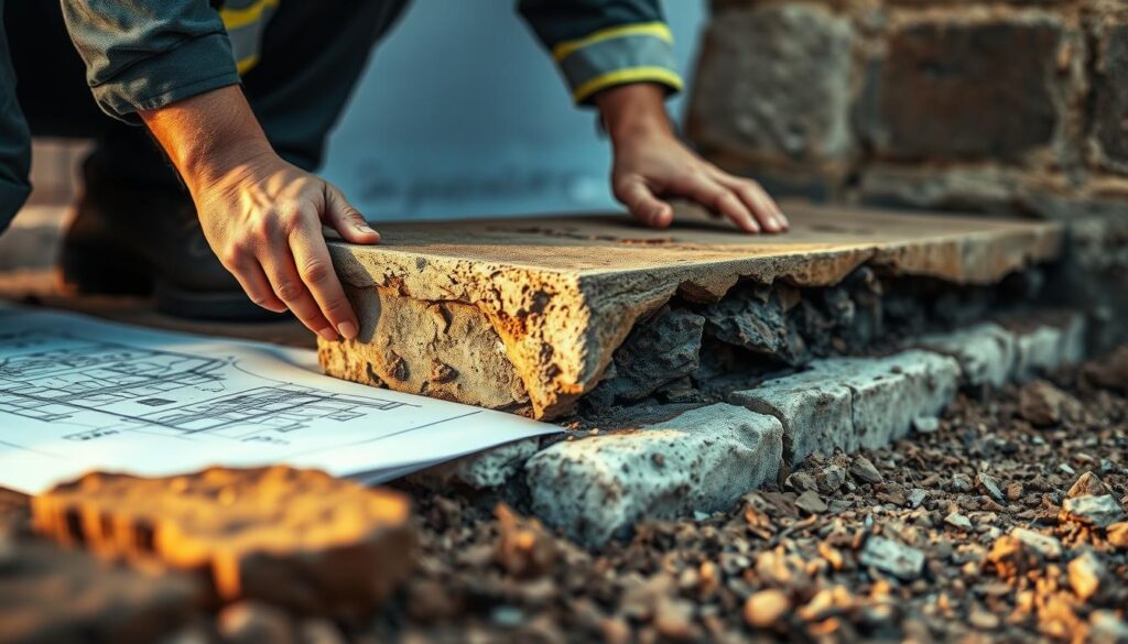A detailed analysis of foundation repair costs in Gauteng, South Africa. A meticulous inspector examines a damaged foundation up close, assessing the extent of the issues. The scene is illuminated by warm, natural lighting, capturing the texture and complexity of the concrete structure. In the background, a blueprint or architectural diagram provides context, hinting at the technical aspects involved in the repair process. The overall atmosphere conveys a sense of professionalism and expertise, guiding the viewer towards a comprehensive understanding of the financial considerations for foundation restoration in the Gauteng region. A detailed analysis of foundation repair costs in Gauteng, South Africa. A meticulous inspector examines a damaged foundation up close, assessing the extent of the issues. The scene is illuminated by warm, natural lighting, capturing the texture and complexity of the concrete structure. In the background, a blueprint or architectural diagram provides context, hinting at the technical aspects involved in the repair process. The overall atmosphere conveys a sense of professionalism and expertise, guiding the viewer towards a comprehensive understanding of the financial considerations for foundation restoration in the Gauteng region.