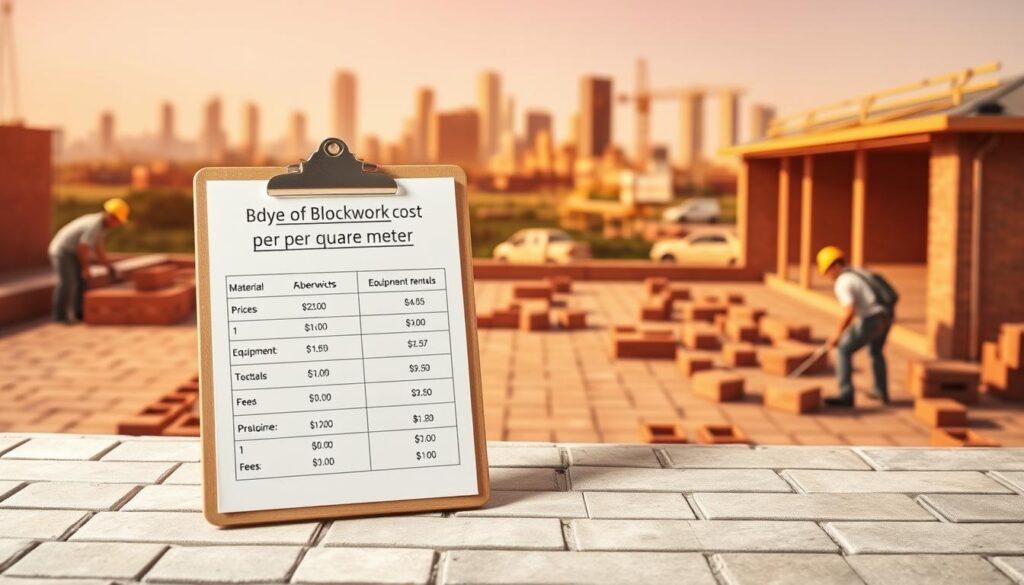A detailed analysis of the key factors affecting blockwork cost per square meter, depicted through a realistic architectural illustration. The foreground shows a construction site with workers laying bricks, highlighting the labor costs. In the middle ground, a breakdown of material prices, equipment rentals, and subcontractor fees is displayed on a clipboard. The background features a Gauteng city skyline, representing the regional location context. The scene is illuminated by warm, directional lighting, creating depth and shadows to convey the technical and professional nature of the subject matter. The overall mood is one of thorough, data-driven assessment of the economics behind a blockwork project.