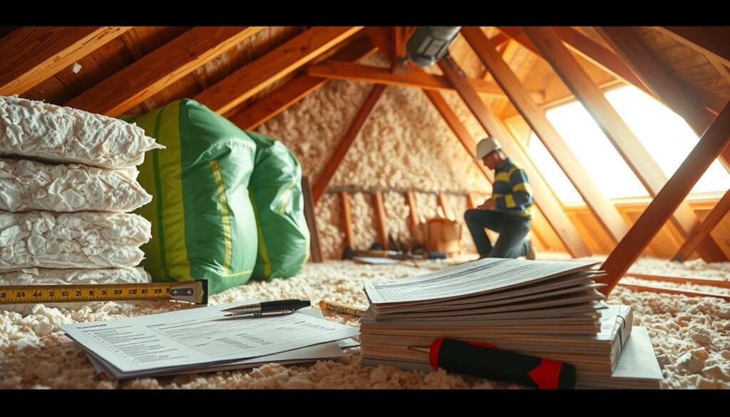 A detailed assessment of attic insulation repair costs, captured in a photorealistic interior scene. The foreground showcases various insulation materials - fiberglass batts, blown cellulose, rigid foam panels - accompanied by measuring tools and cost estimates. The middle ground features a worker inspecting the attic space, evaluating the existing insulation and identifying areas in need of repair. The background depicts the attic's structural elements - beams, joists, ventilation - in warm, natural lighting, conveying a sense of diligence and professionalism. The overall mood is one of careful analysis, with a focus on the technical and financial aspects of the insulation repair process. A detailed assessment of attic insulation repair costs, captured in a photorealistic interior scene. The foreground showcases various insulation materials - fiberglass batts, blown cellulose, rigid foam panels - accompanied by measuring tools and cost estimates. The middle ground features a worker inspecting the attic space, evaluating the existing insulation and identifying areas in need of repair. The background depicts the attic's structural elements - beams, joists, ventilation - in warm, natural lighting, conveying a sense of diligence and professionalism. The overall mood is one of careful analysis, with a focus on the technical and financial aspects of the insulation repair process.