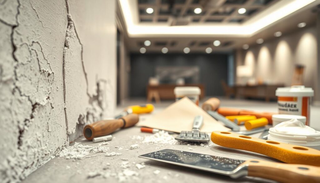 A detailed assessment of plaster repair cost factors in Gauteng, South Africa. In the foreground, a close-up view of a section of damaged plaster wall, revealing cracks, peeling, and uneven textures. In the middle ground, an array of tools and materials commonly used for plaster repair, such as putty knives, sandpaper, and joint compound. The background showcases a modern, well-lit interior space, with clean lines and neutral colors, suggesting a professional setting. Soft, diffused lighting illuminates the scene, creating a sense of depth and emphasizing the textural qualities of the plaster. The overall mood is one of meticulous analysis and attention to detail, reflecting the technical nature of the subject matter. A detailed assessment of plaster repair cost factors in Gauteng, South Africa. In the foreground, a close-up view of a section of damaged plaster wall, revealing cracks, peeling, and uneven textures. In the middle ground, an array of tools and materials commonly used for plaster repair, such as putty knives, sandpaper, and joint compound. The background showcases a modern, well-lit interior space, with clean lines and neutral colors, suggesting a professional setting. Soft, diffused lighting illuminates the scene, creating a sense of depth and emphasizing the textural qualities of the plaster. The overall mood is one of meticulous analysis and attention to detail, reflecting the technical nature of the subject matter.