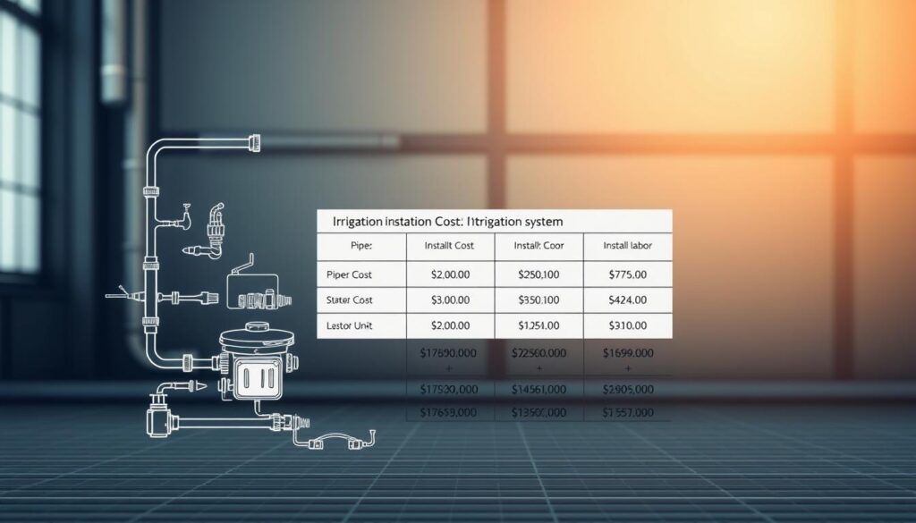 A detailed breakdown of irrigation system installation costs, presented in a technical, informative manner. The foreground depicts a schematic diagram showcasing the various components of an irrigation system, including pipes, sprinklers, and control units, all rendered in a clean, engineering-style aesthetic. The middle ground features a table or infographic displaying the itemized costs for each system element, along with installation labor and other associated expenses. The background should convey a sense of professional, industrial setting, with muted tones and subtle grid patterns to reinforce the technical nature of the subject matter. Optimal lighting should highlight the key details, while a slightly elevated camera angle provides an authoritative, comprehensive view of the entire system and its associated costs.
