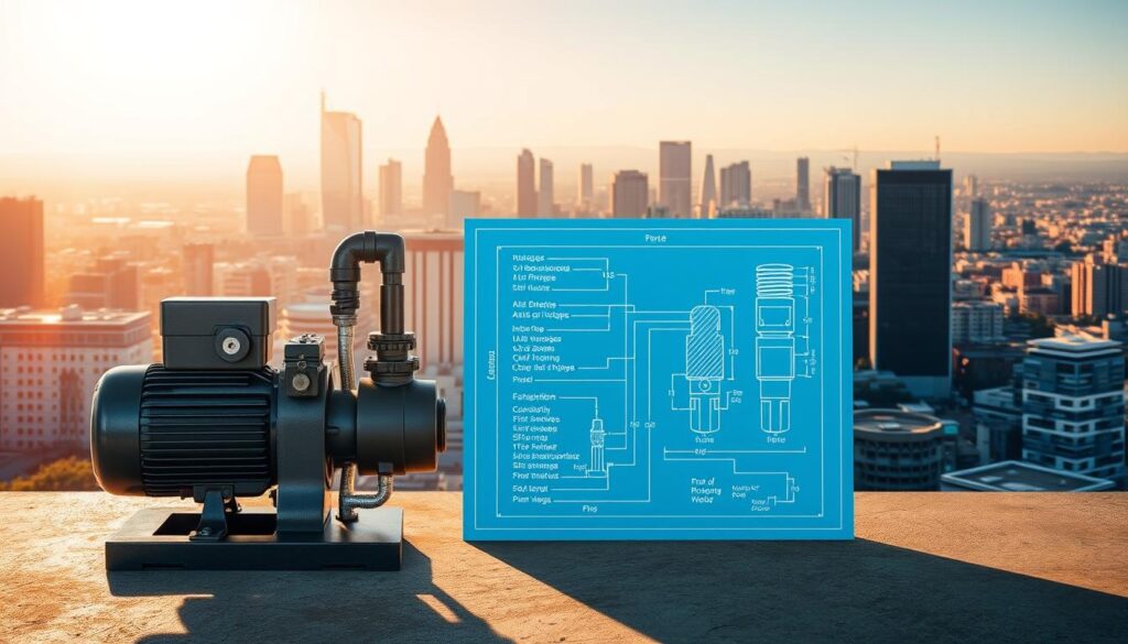 A detailed breakdown of the costs associated with the installation of a booster pump in Johannesburg and Pretoria. The foreground showcases the various components of the pump system, including the motor, control panel, and pipes, all rendered in high-resolution detail. The middle ground features a blueprint-style diagram outlining the pump's technical specifications and dimensions. The background depicts a cityscape of the two metropolitan areas, with iconic landmarks visible, set against a bright, warm light that casts long shadows, creating a sense of depth and scale. The overall composition conveys a comprehensive and informative visual representation of the 2025 booster pump installation cost breakdown for the Gauteng region.