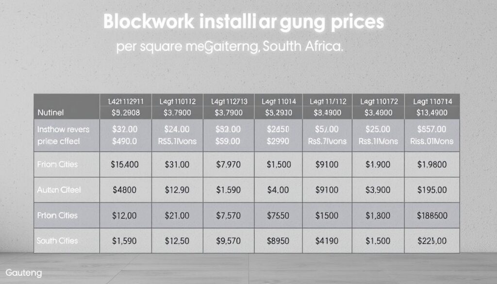 A detailed comparison of blockwork installation prices per square meter across major cities in Gauteng, South Africa. The scene depicts a clean, minimalist presentation with various price points and city names displayed in a grid layout. The pricing information is presented in a clear, organized manner, with a focus on the relative differences between the cities. The background features a neutral, muted color palette to allow the pricing data to take center stage. The lighting is soft and diffused, creating a professional, informative atmosphere. The camera angle is slightly elevated, giving an overview of the entire grid layout. The overall composition is balanced and visually appealing, making it suitable for inclusion in the article's section on current blockwork pricing across Gauteng.
