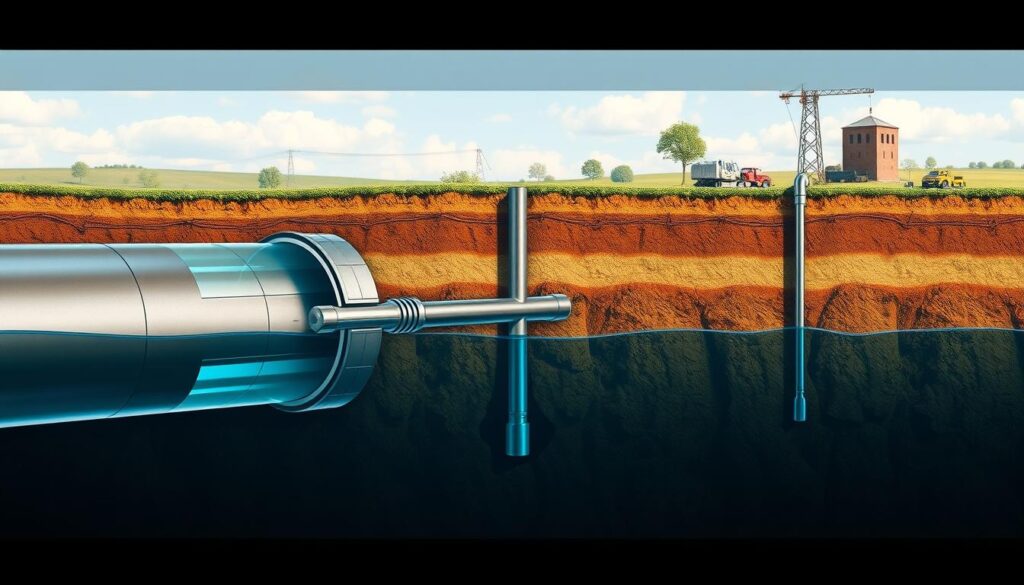 A detailed cross-section of a borehole, showcasing the various components and factors that influence repair costs. The foreground features the borehole's inner workings, including the casing, pump, and water table, all rendered in a technical, engineering-inspired style with precise lines and shading. The middle ground highlights the surrounding soil layers, rock formations, and groundwater flow, while the background depicts the surface infrastructure, such as a well-head and surrounding landscape. The lighting is natural, with soft shadows and highlights emphasizing the depth and complexity of the borehole system. The overall mood is one of informative technical precision, conveying the important considerations that go into borehole repair pricing. A detailed cross-section of a borehole, showcasing the various components and factors that influence repair costs. The foreground features the borehole's inner workings, including the casing, pump, and water table, all rendered in a technical, engineering-inspired style with precise lines and shading. The middle ground highlights the surrounding soil layers, rock formations, and groundwater flow, while the background depicts the surface infrastructure, such as a well-head and surrounding landscape. The lighting is natural, with soft shadows and highlights emphasizing the depth and complexity of the borehole system. The overall mood is one of informative technical precision, conveying the important considerations that go into borehole repair pricing.