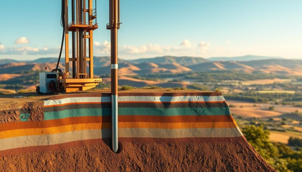 A detailed cross-sectional view of a borehole drilling site, showcasing the key geological factors that influence drilling costs. In the foreground, a rotary drill rig towers above the earth, its powerful mechanism poised to penetrate the subsurface. In the middle ground, layers of soil, rock, and aquifers are meticulously depicted, revealing the complexities of the local geology. The background features a panoramic landscape, with rolling hills and lush vegetation, providing context for the drilling operation. The scene is illuminated by warm, natural lighting, creating a sense of depth and realism. The composition emphasizes the interplay between the drilling equipment, the geological formations, and the surrounding environment, underscoring the importance of understanding site-specific conditions when estimating borehole drilling costs.