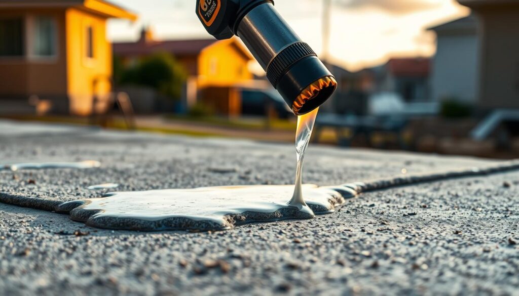 A detailed, high-quality image of a torch being used to apply waterproofing material to a concrete slab. The slab is situated outdoors, with a textured, slightly worn surface. The torch is held at an angle, with the flame visible, and the waterproofing material is being melted and applied in a smooth, even layer. The background features a blurred, out-of-focus urban landscape, suggesting a residential or commercial setting. The lighting is a combination of warm, natural sunlight and the flickering flame of the torch. The overall mood is one of professionalism and attention to detail in the waterproofing process. A detailed, high-quality image of a torch being used to apply waterproofing material to a concrete slab. The slab is situated outdoors, with a textured, slightly worn surface. The torch is held at an angle, with the flame visible, and the waterproofing material is being melted and applied in a smooth, even layer. The background features a blurred, out-of-focus urban landscape, suggesting a residential or commercial setting. The lighting is a combination of warm, natural sunlight and the flickering flame of the torch. The overall mood is one of professionalism and attention to detail in the waterproofing process.