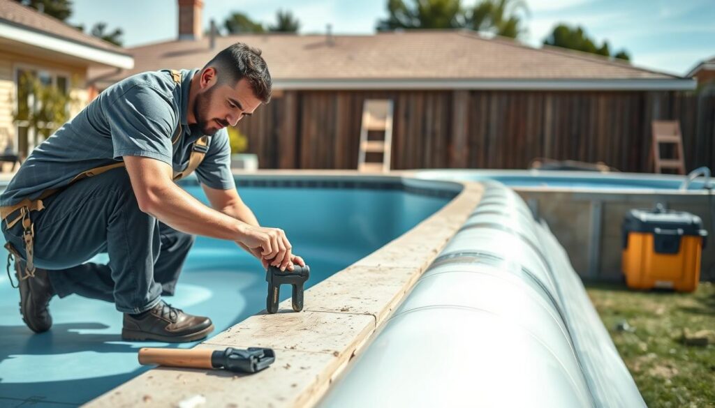 A detailed, high-resolution image depicting the cost comparison of fiberglass pool installation. In the foreground, prominently displayed are two fiberglass pools of different sizes, showcasing their relative installation costs. In the middle ground, a breakdown of the key cost factors, such as pool size, materials, labor, and additional features, is presented in a clear, infographic-style layout. The background features a serene, natural setting with lush greenery, conveying a tranquil and luxurious atmosphere. The lighting is soft and diffused, creating a warm, inviting ambiance. The overall composition is balanced and visually striking, effectively communicating the comparative costs of fiberglass pool installation.